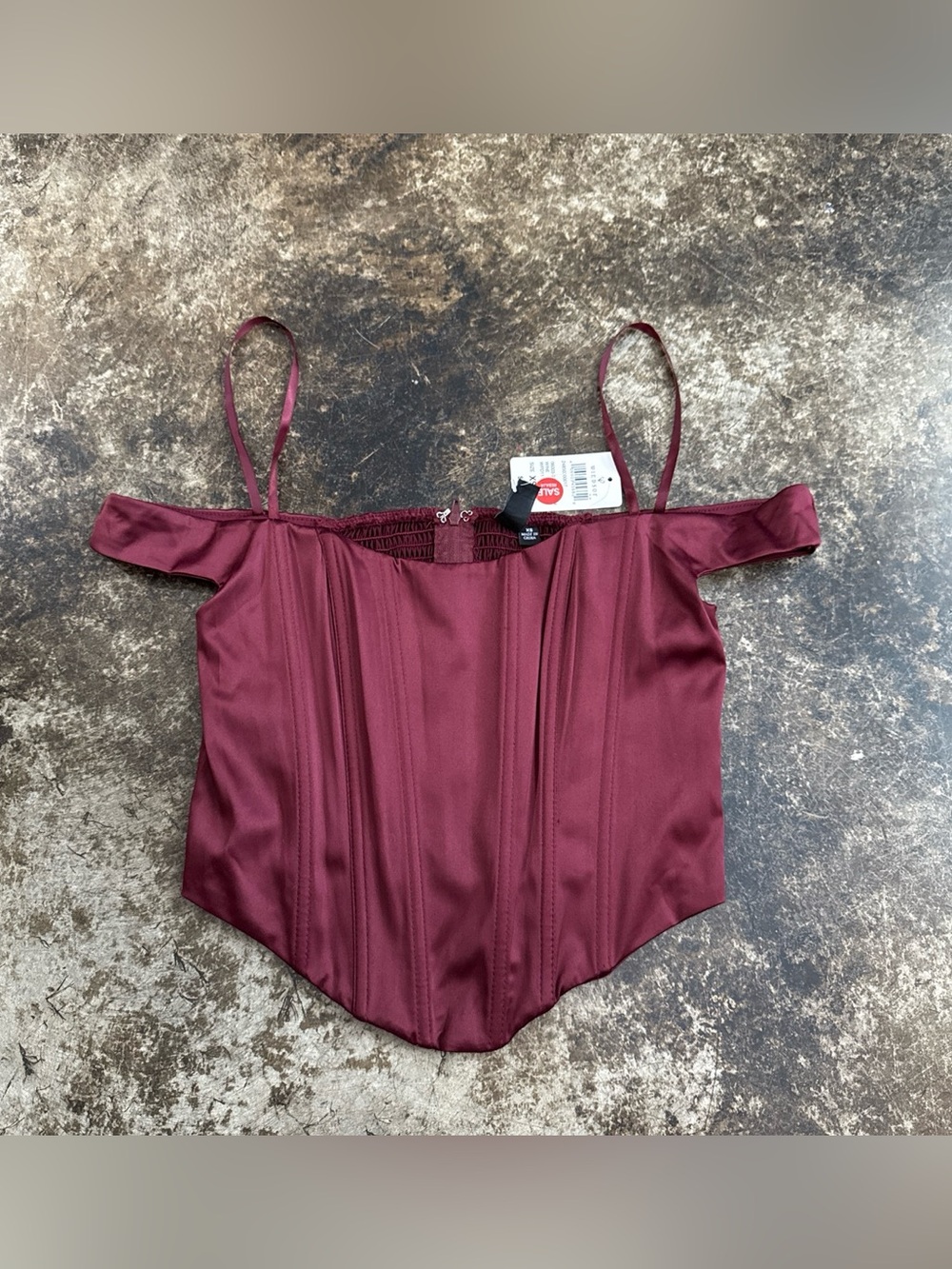 Windsor Wine Satin Off-Shoulder Corset Top